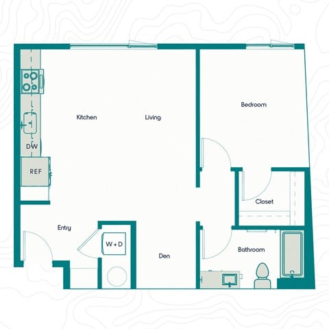 Floor plan for 1 bed, 1 bath, 791 sqft